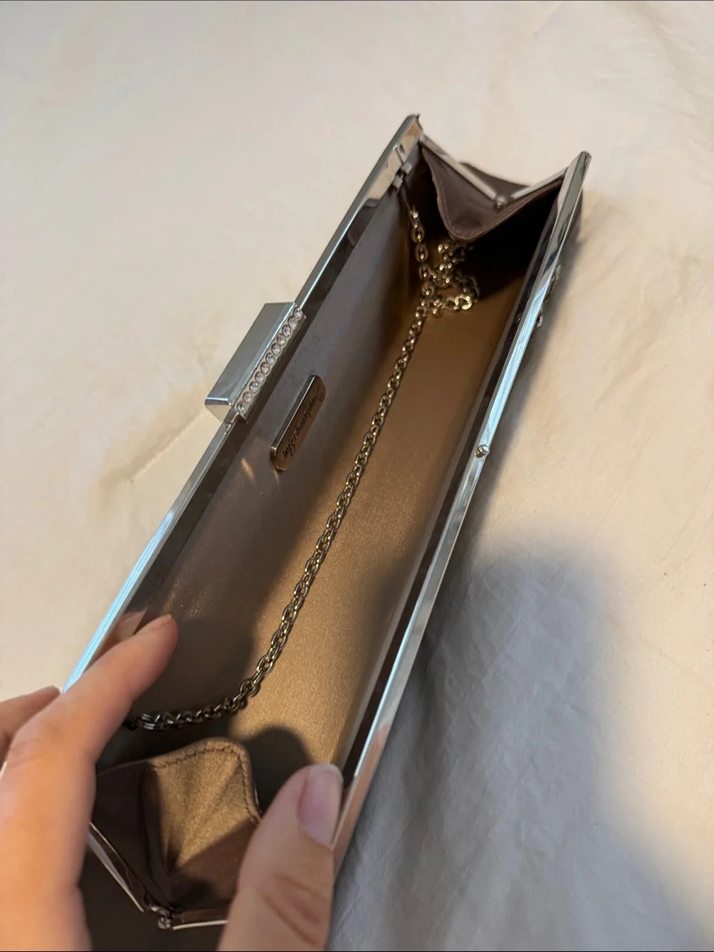Inge Christopher Satin Brown Evening Clutch with Crystal Leaf Accent